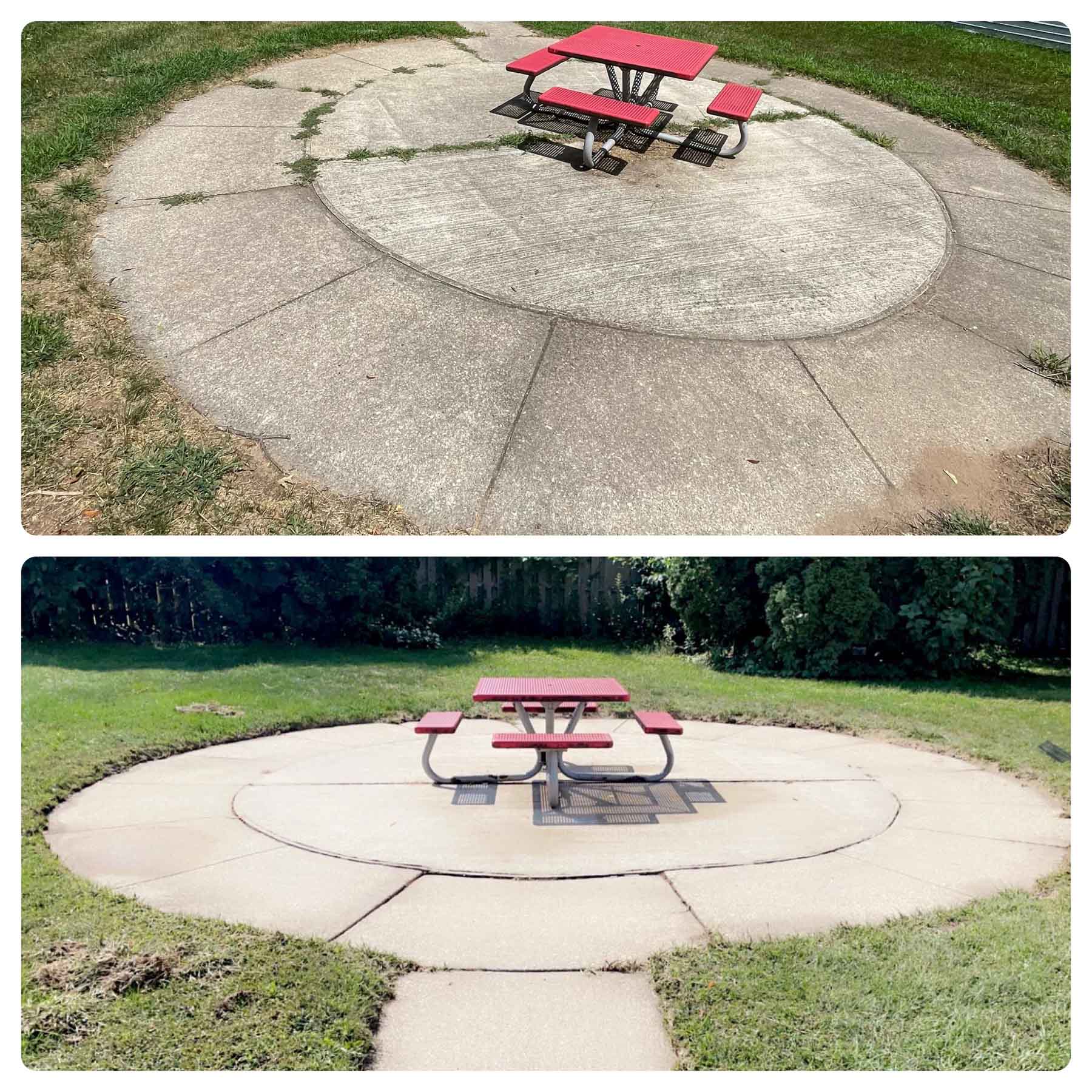 Concrete, Patio &Amp; Pool Deck Cleaning 2 Before And After Of An Exterior Patio That Has Been Cleaned With A Picnic Table In The Center